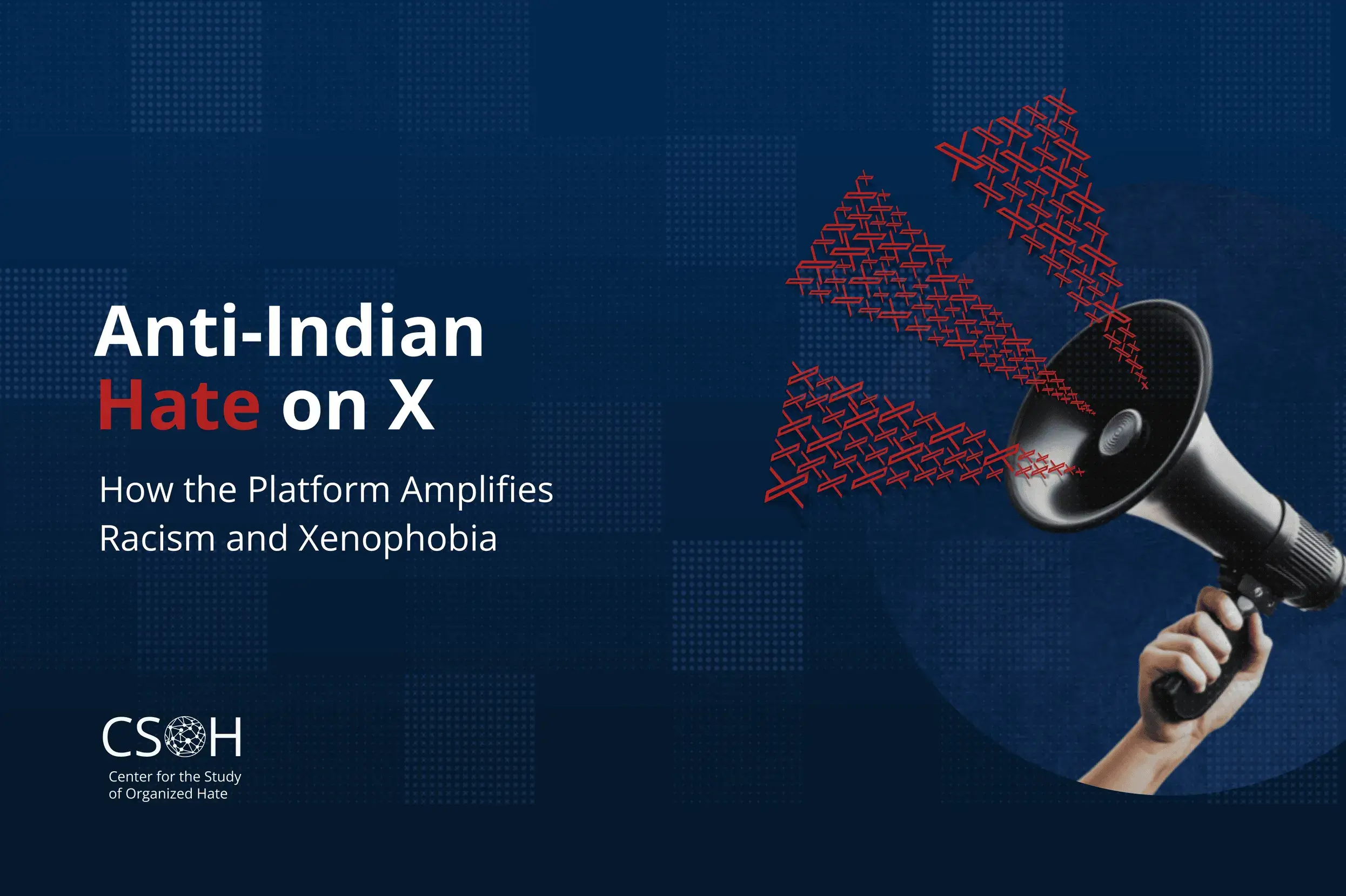 A graphic depicting a megaphone amplifying symbols of hate, representing the spread of anti-Indian sentiment on the social media platform X.